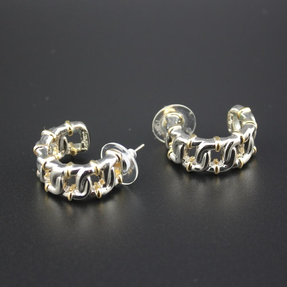 Joan Rivers Two Tone Silver Gold Chain Link Half Hoop Earring
